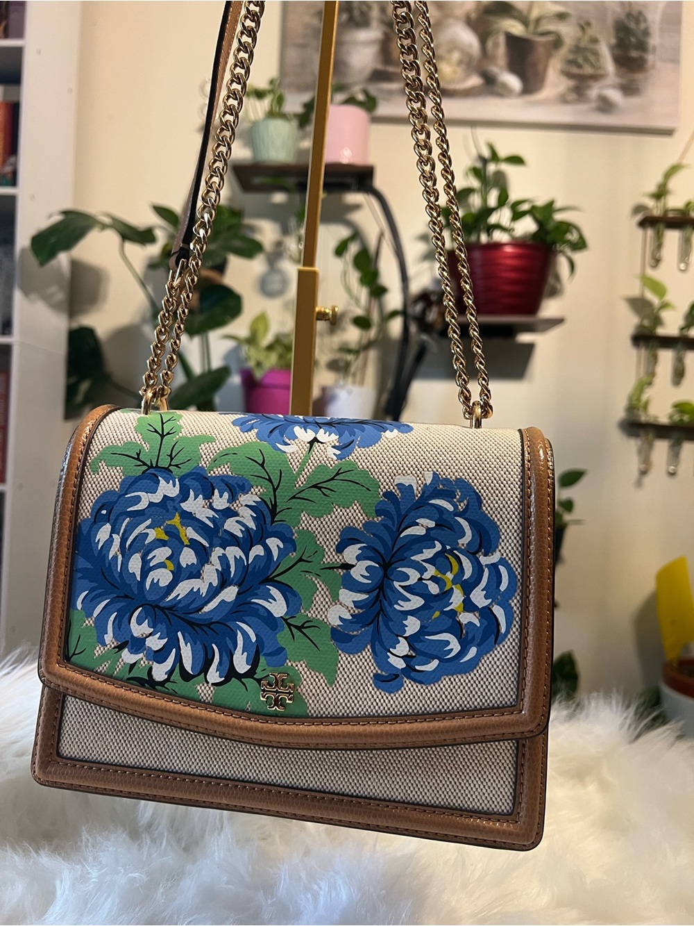 Tory Burch Blue Floral Canvas Shoulder Bag with Tan Trim